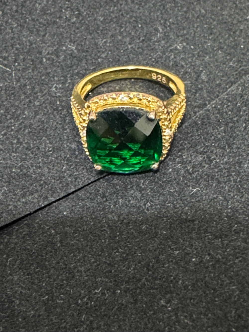 Trendy boutique Gold Tone Ring with Emerald Green Cushion Stone